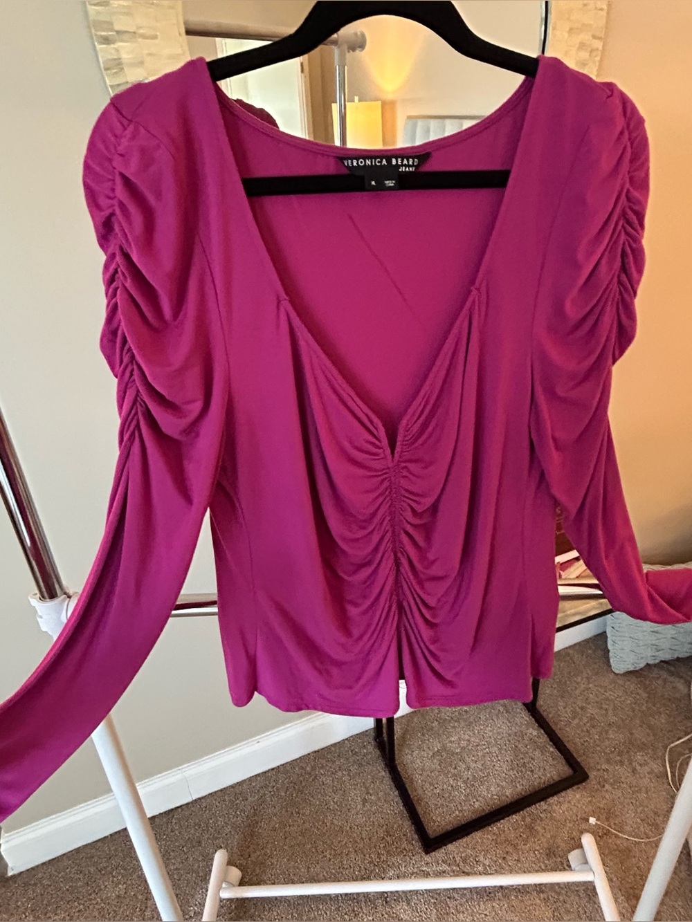 Veronica Beard Magenta Ruched Long Sleeve Blouse